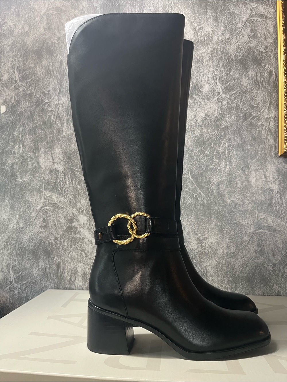 Naturalizer Black Leather Knee-High Boots with Gold Ring Accent